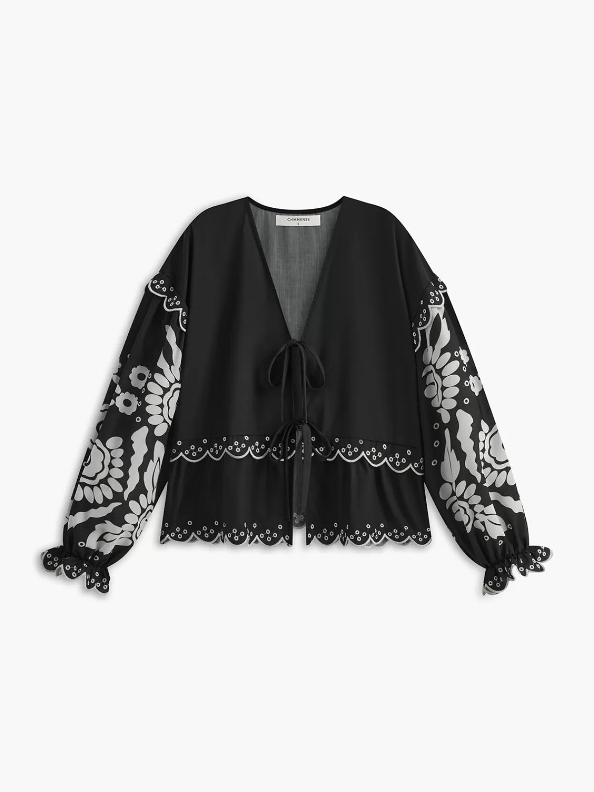 COMMENSE Ruffle Print Knotted Shirt Black Outlet