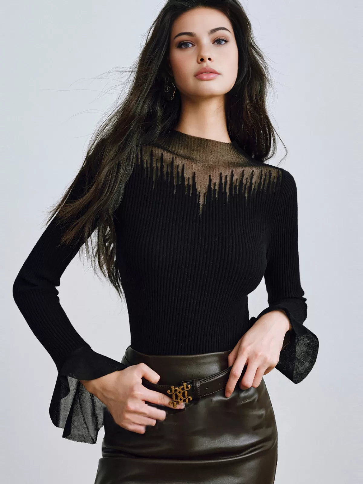 COMMENSE Ruffle Sleeve Thin Sweater Black Outlet