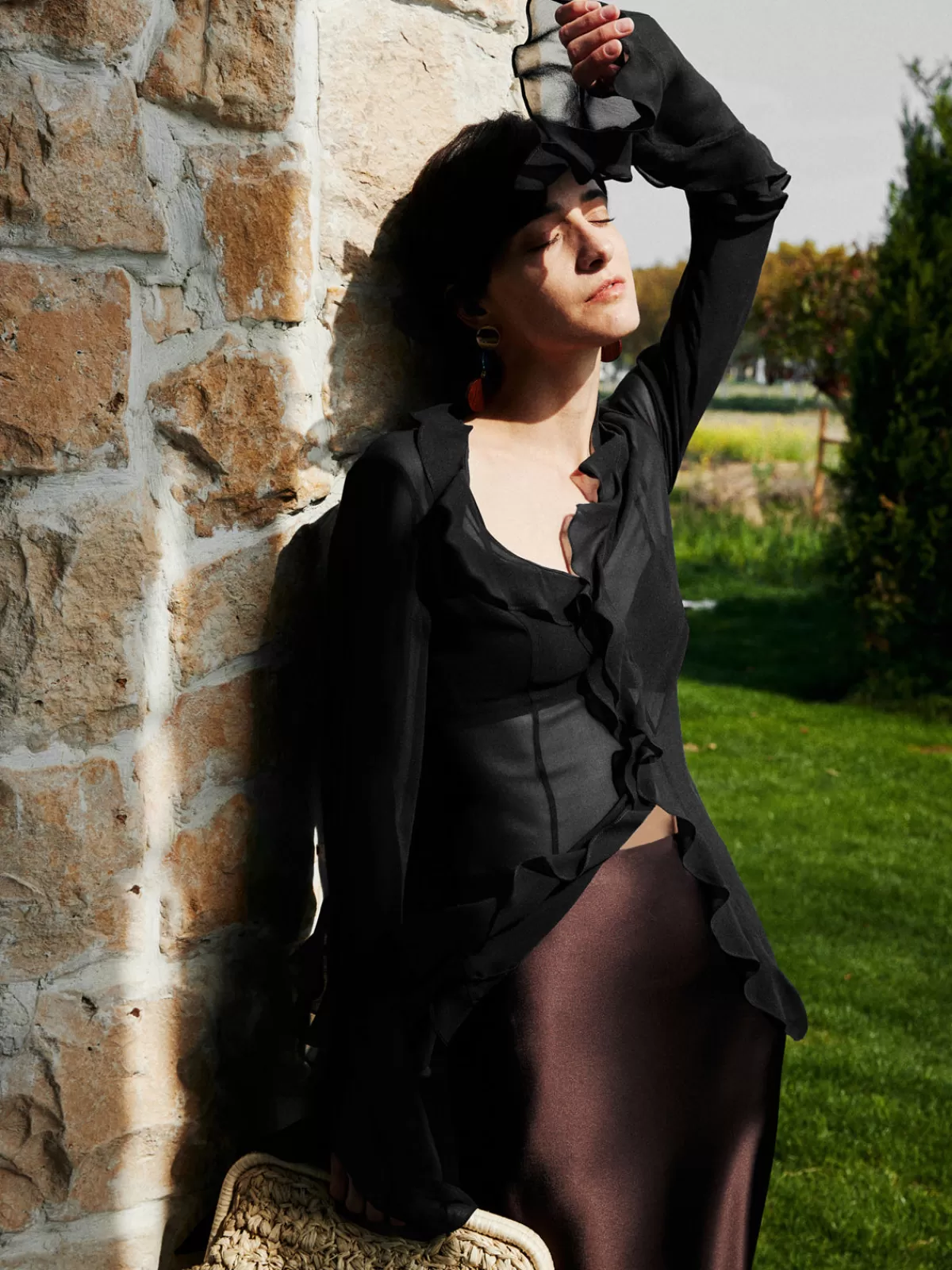 COMMENSE Ruffle Split Thin Shirt Black Best Sale