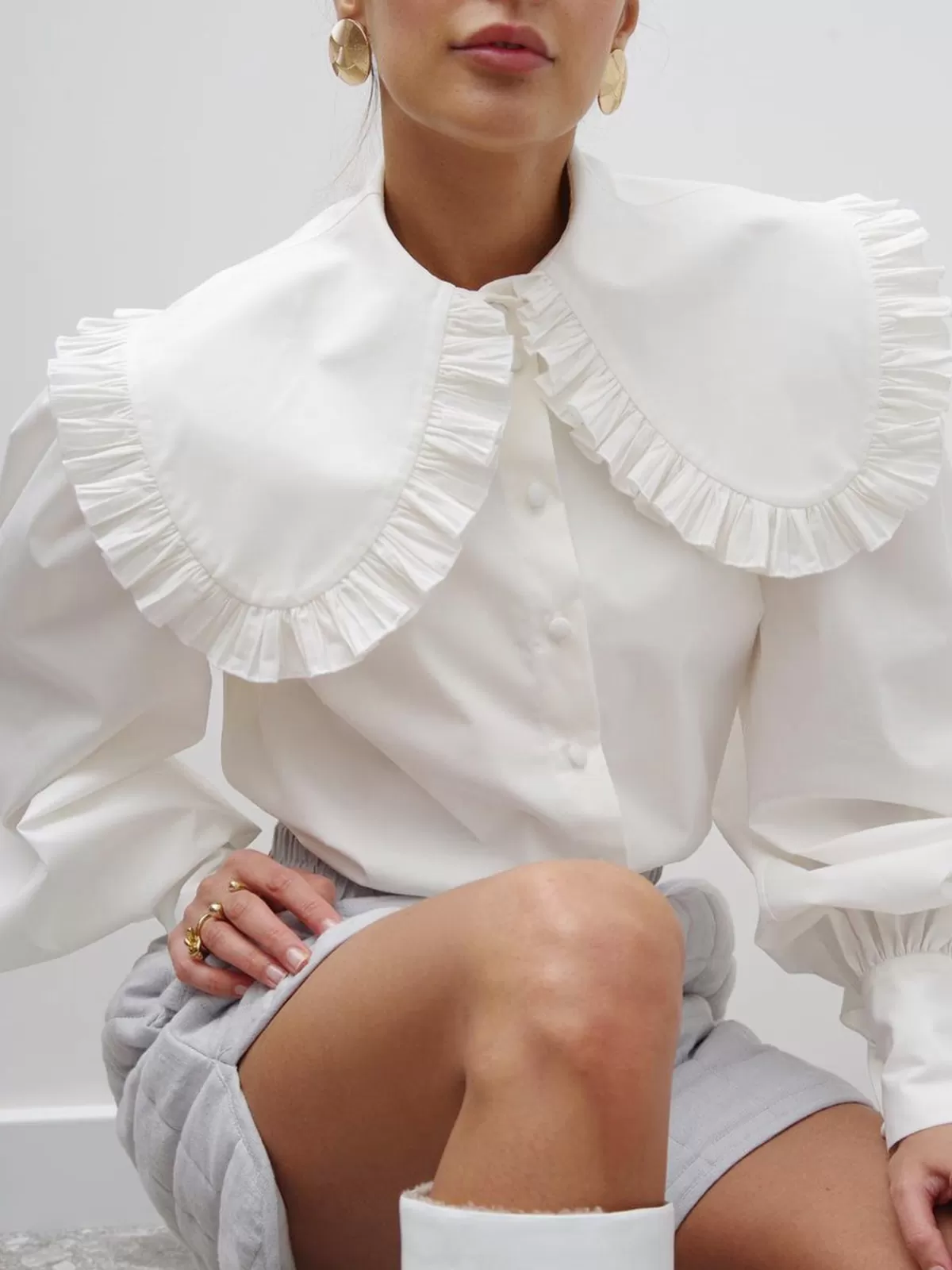 COMMENSE Ruffled Collar Long Sleeve Shirt White Cheap