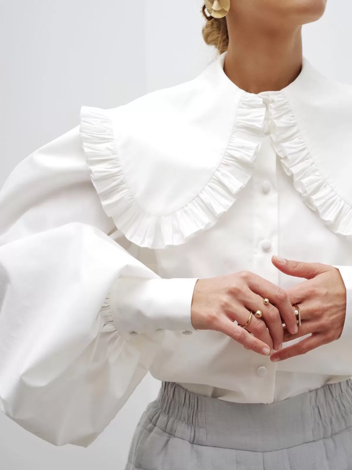COMMENSE Ruffled Collar Long Sleeve Shirt White Cheap