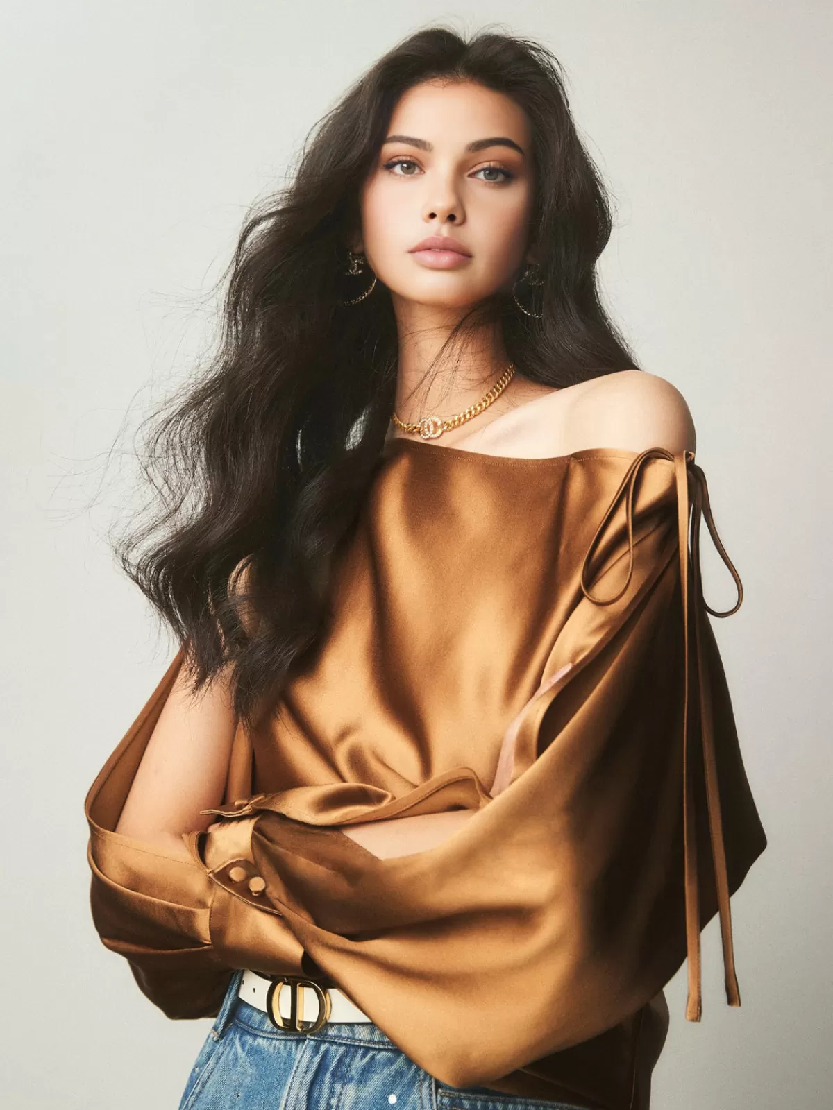 COMMENSE Satin Asymmetrical Cold Shoulder Tied Blouse DarkBrown Clearance