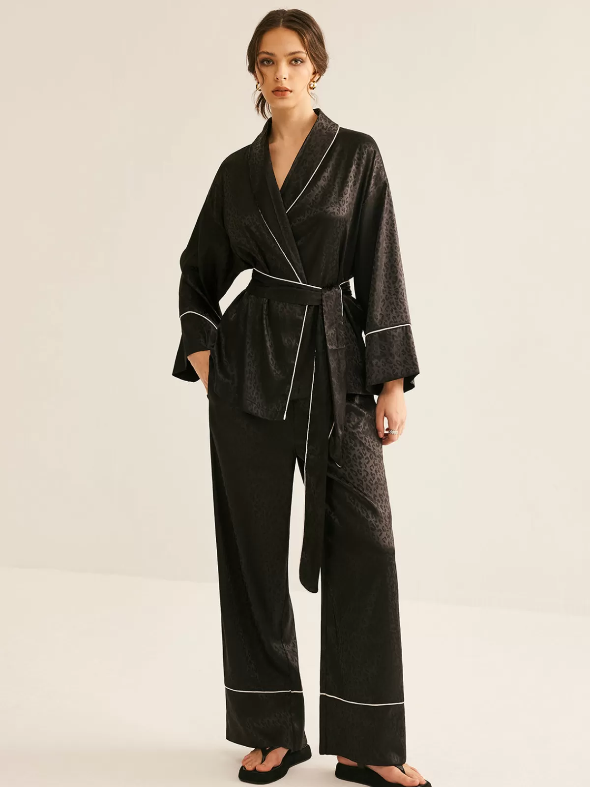 COMMENSE Satin Contrast Piping Belted Pants Set Black Sale