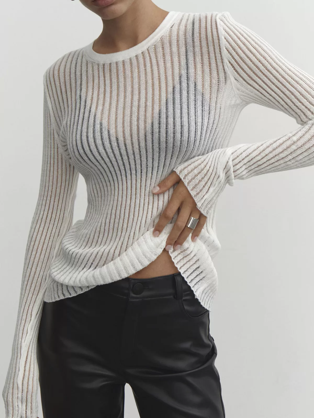 COMMENSE See Through Ribbed Mesh Top White Best Sale