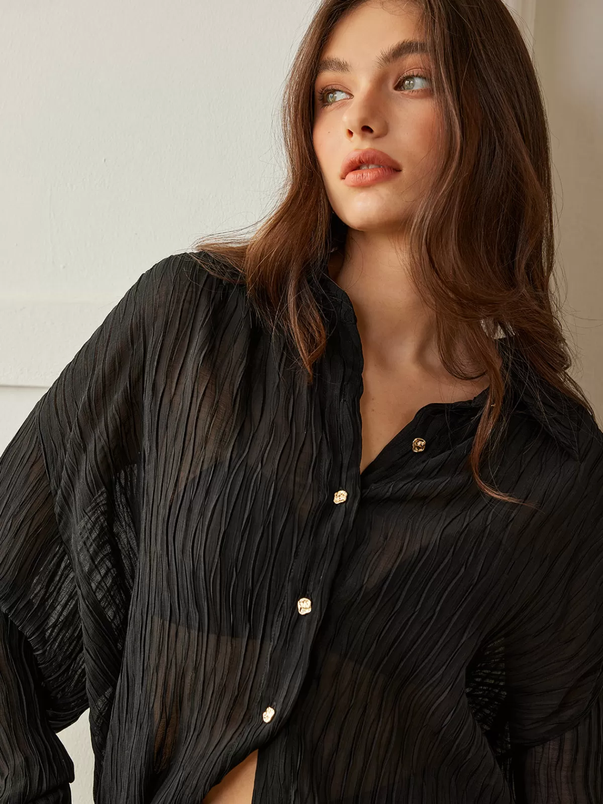 COMMENSE Semi-Sheer Button Polo Shirt Black Best Sale