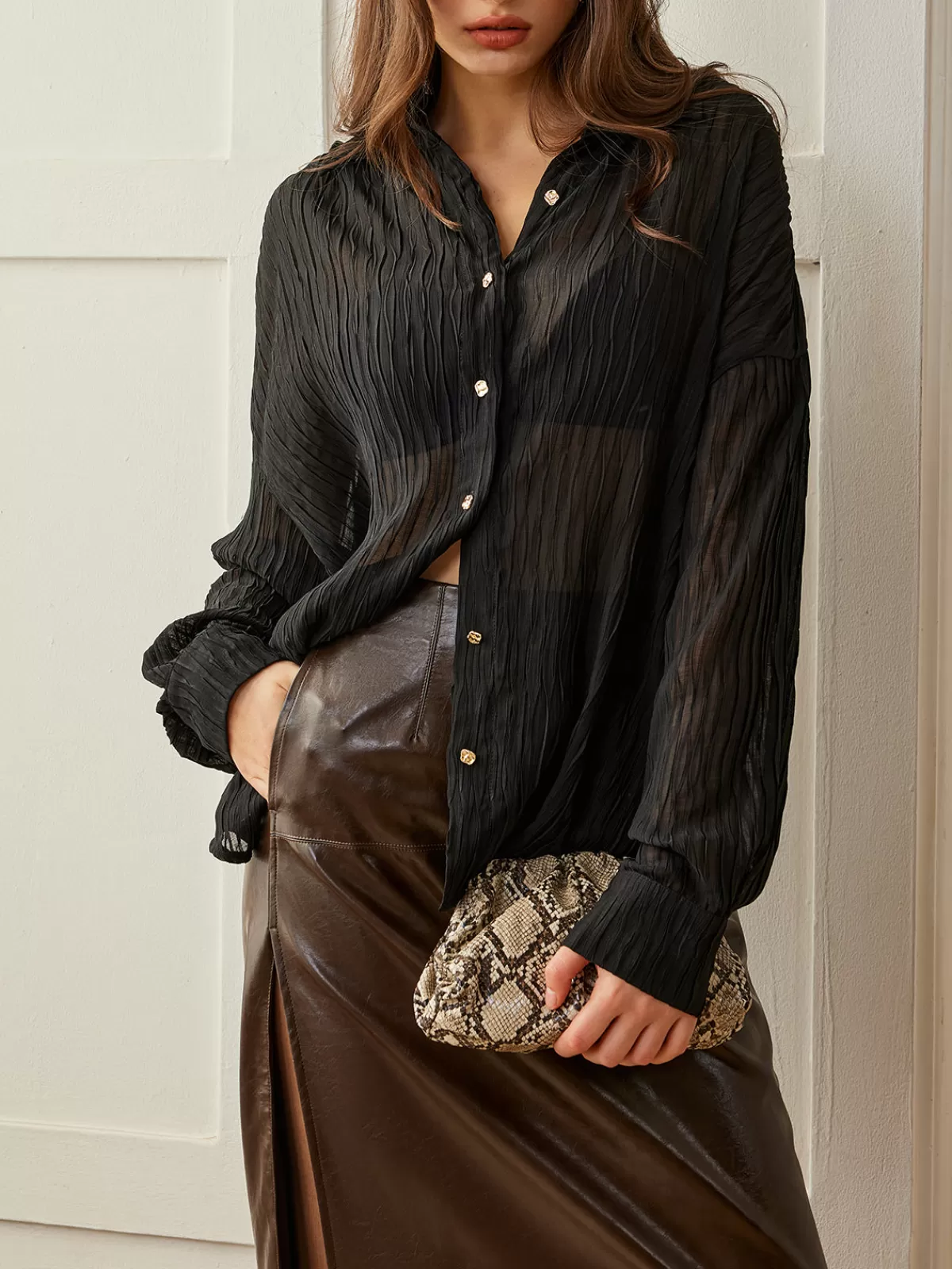 COMMENSE Semi-Sheer Button Polo Shirt Black Best Sale