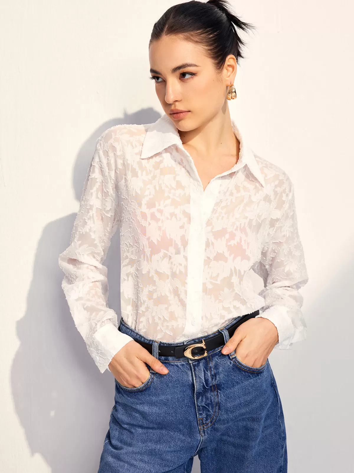 COMMENSE Semi-Sheer Jacquard Button Shirt White Hot