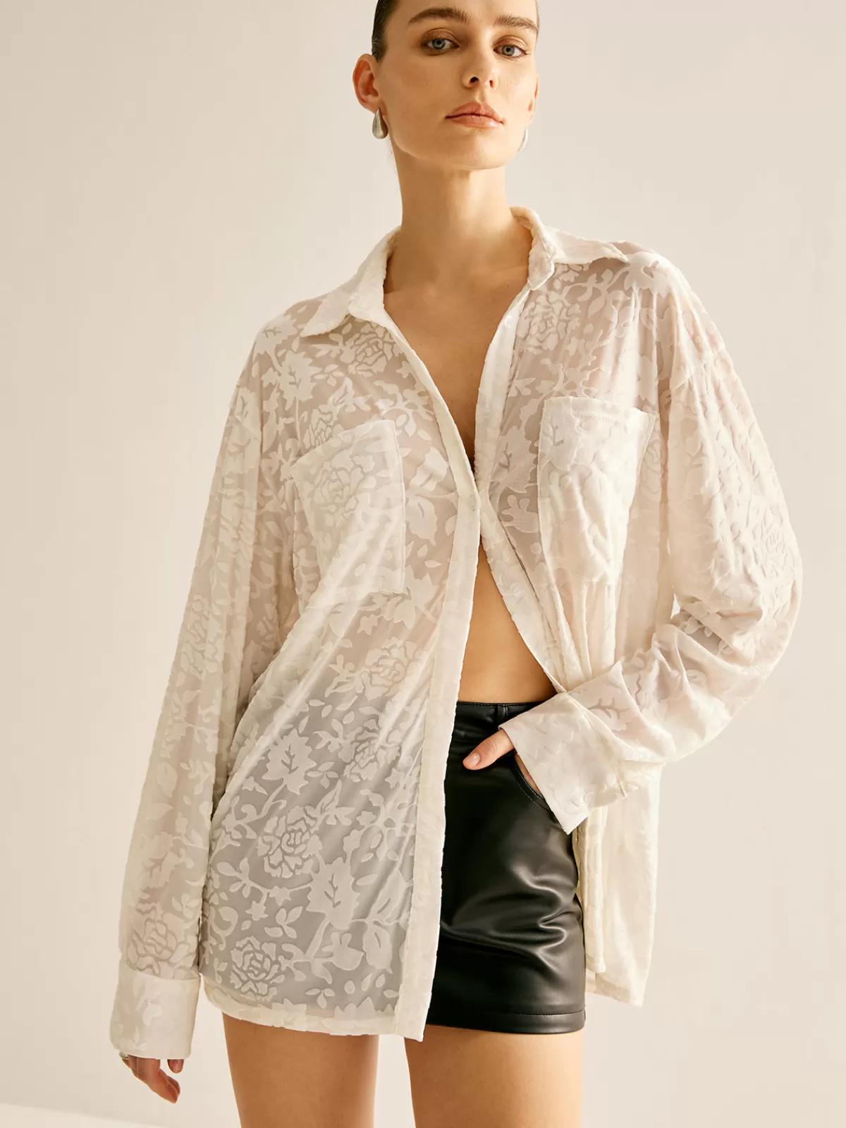 COMMENSE Semi-Sheer Jacquard Polo Shirt White Hot