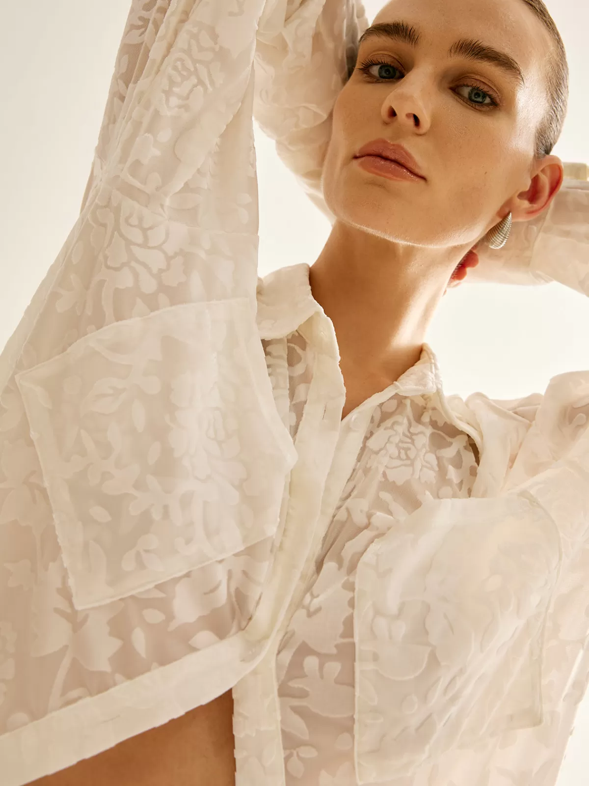 COMMENSE Semi-Sheer Jacquard Polo Shirt White Hot