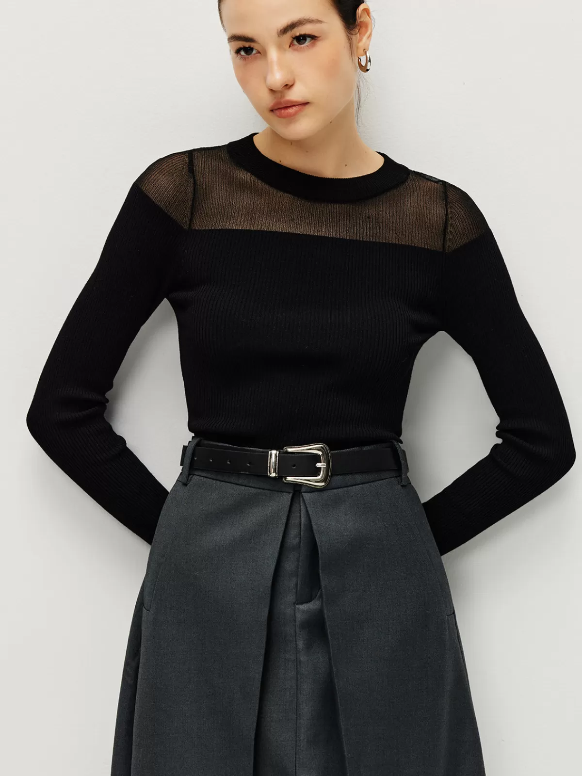 COMMENSE Semi-Sheer Panel Sweater Black Flash Sale