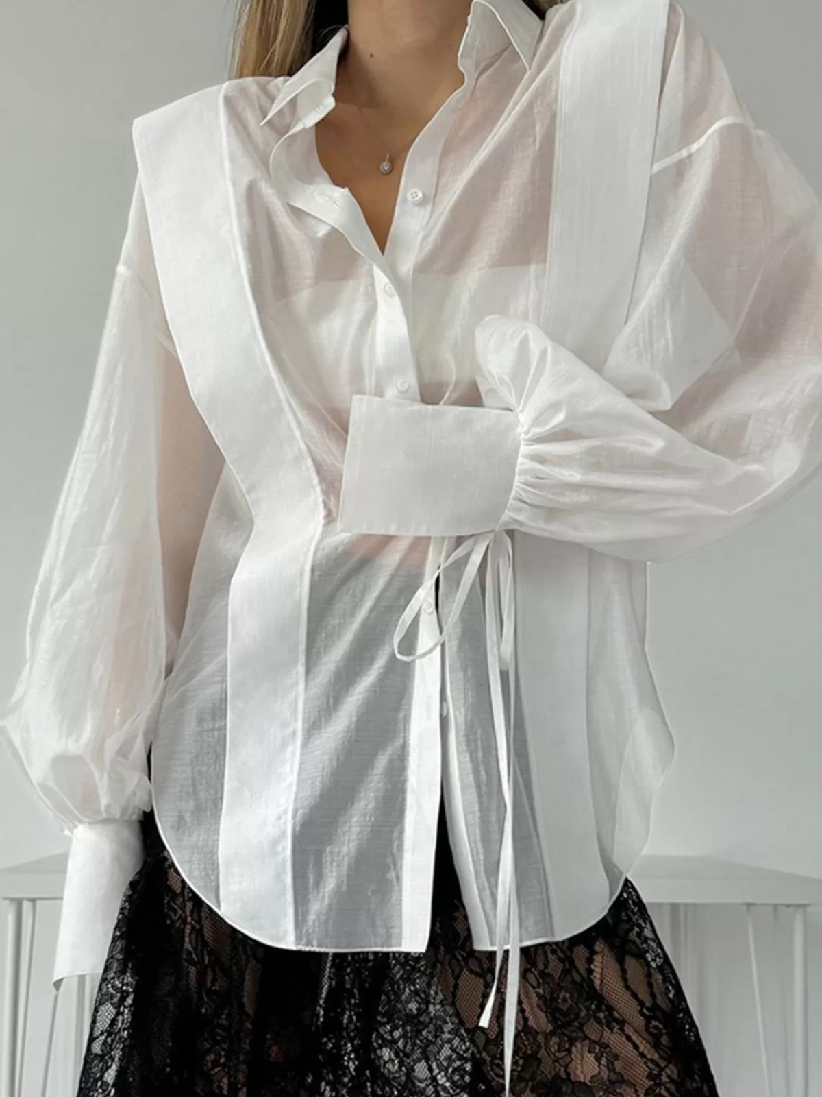 COMMENSE Semi-Sheer Pleated Polo Shirt White Cheap