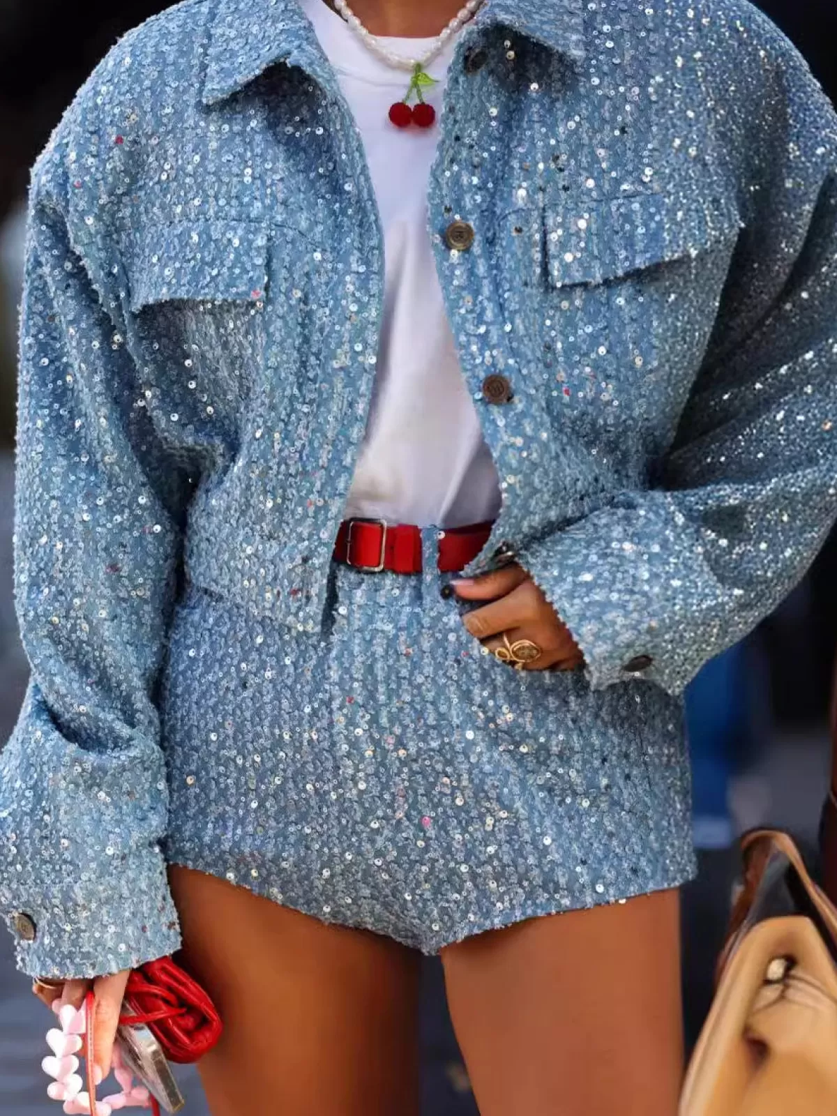 COMMENSE Sequins Decor Crop Jacket Blue Store