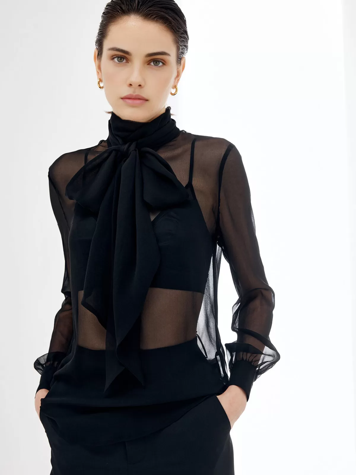 COMMENSE Sheer Bow Chiffon Shirt Black Store