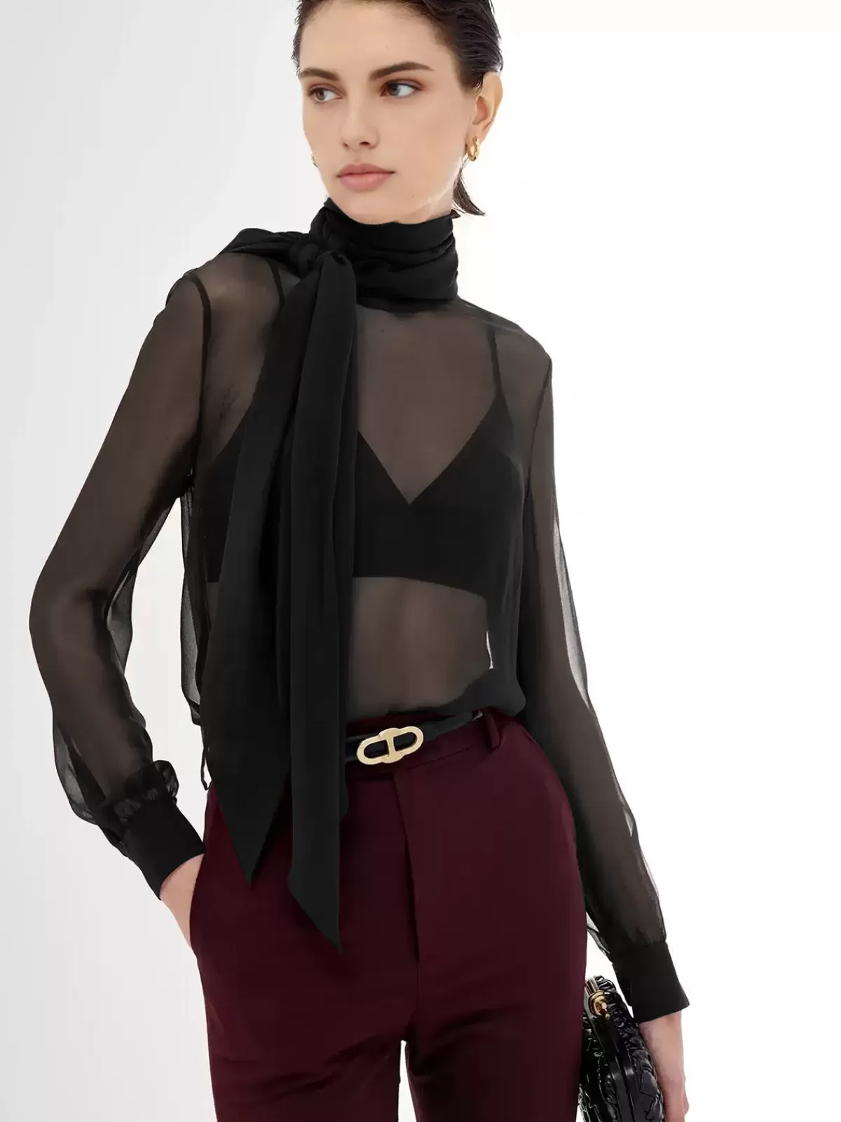 COMMENSE Sheer Bow Chiffon Shirt Black Store