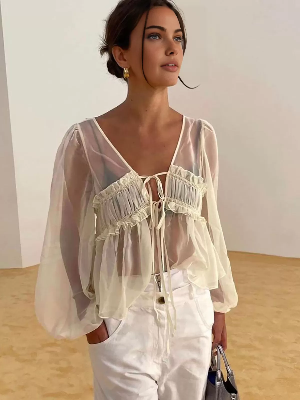 COMMENSE Sheer Long Sleeve Drawstring Blouse Yellow Fashion
