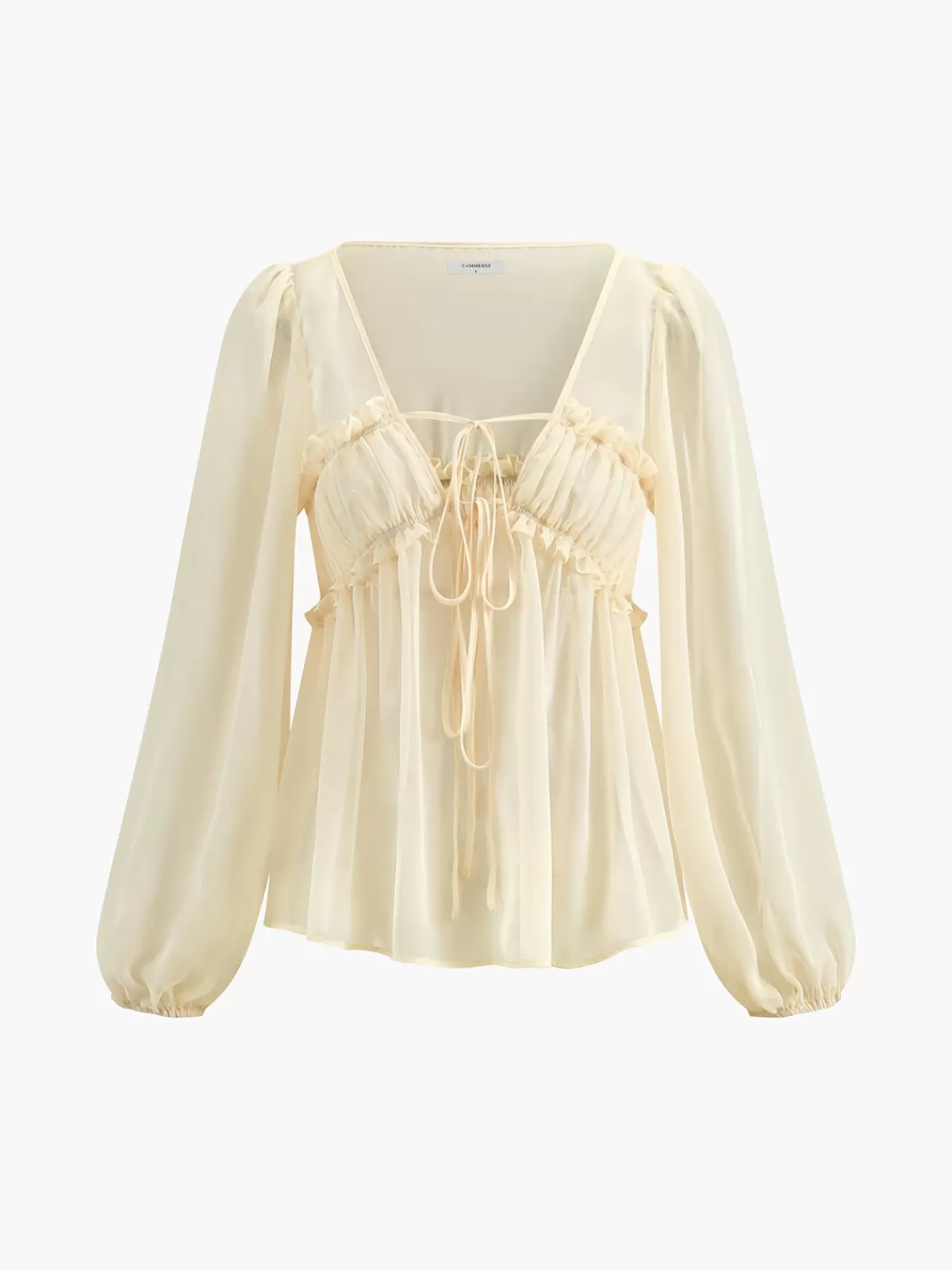 COMMENSE Sheer Long Sleeve Drawstring Blouse Yellow Fashion