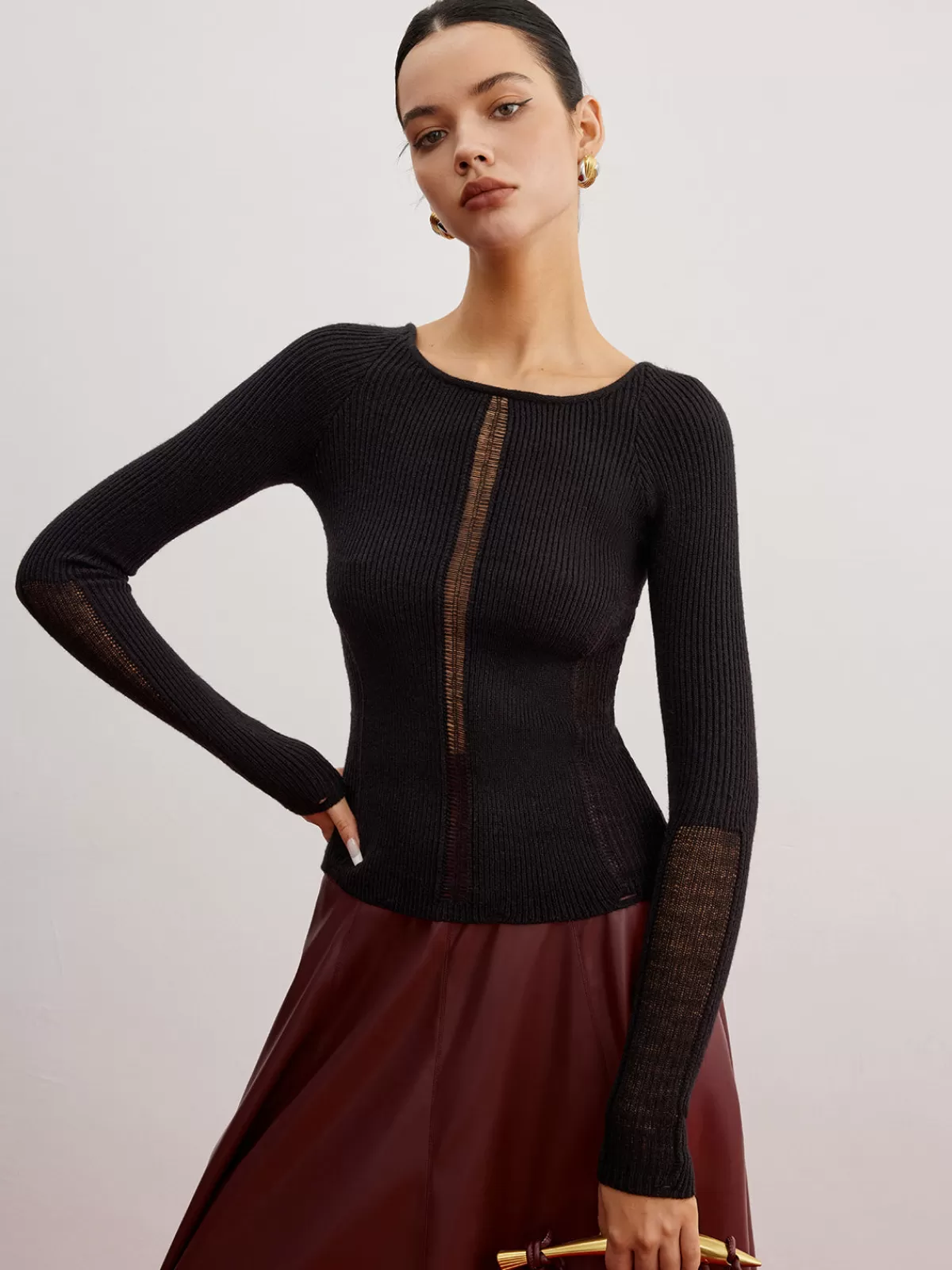COMMENSE Sheer Panel Ribbed Slim Sweater Black Outlet
