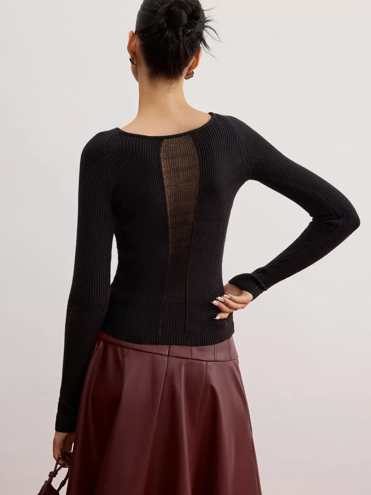 COMMENSE Sheer Panel Ribbed Slim Sweater Black Outlet