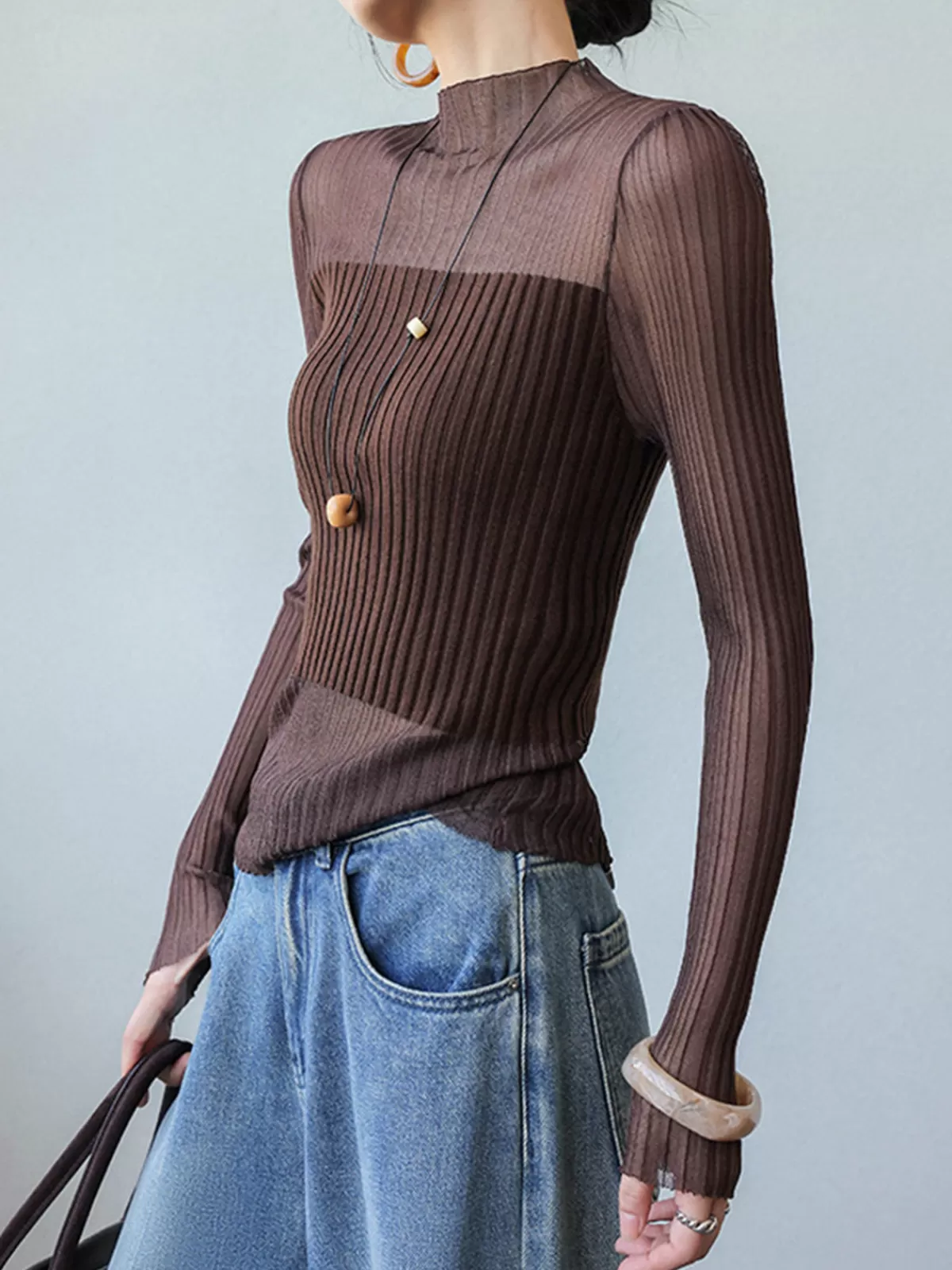 COMMENSE Sheer Panel Slim Sweater DarkBrown Cheap