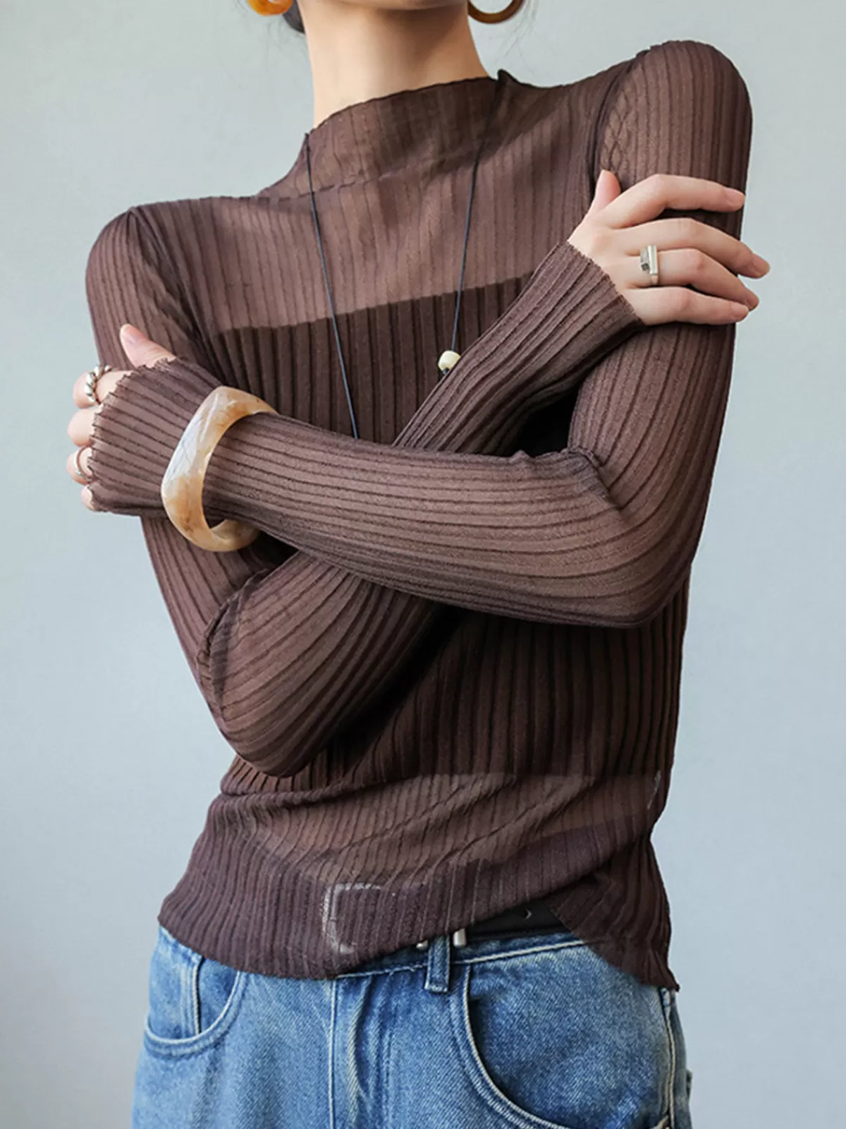 COMMENSE Sheer Panel Slim Sweater DarkBrown Flash Sale