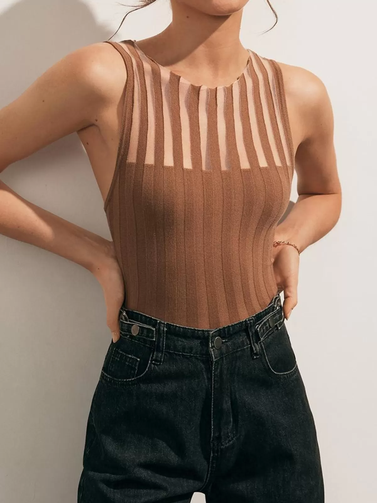 COMMENSE Sheer Ribbed Tank Top Brown Best Sale