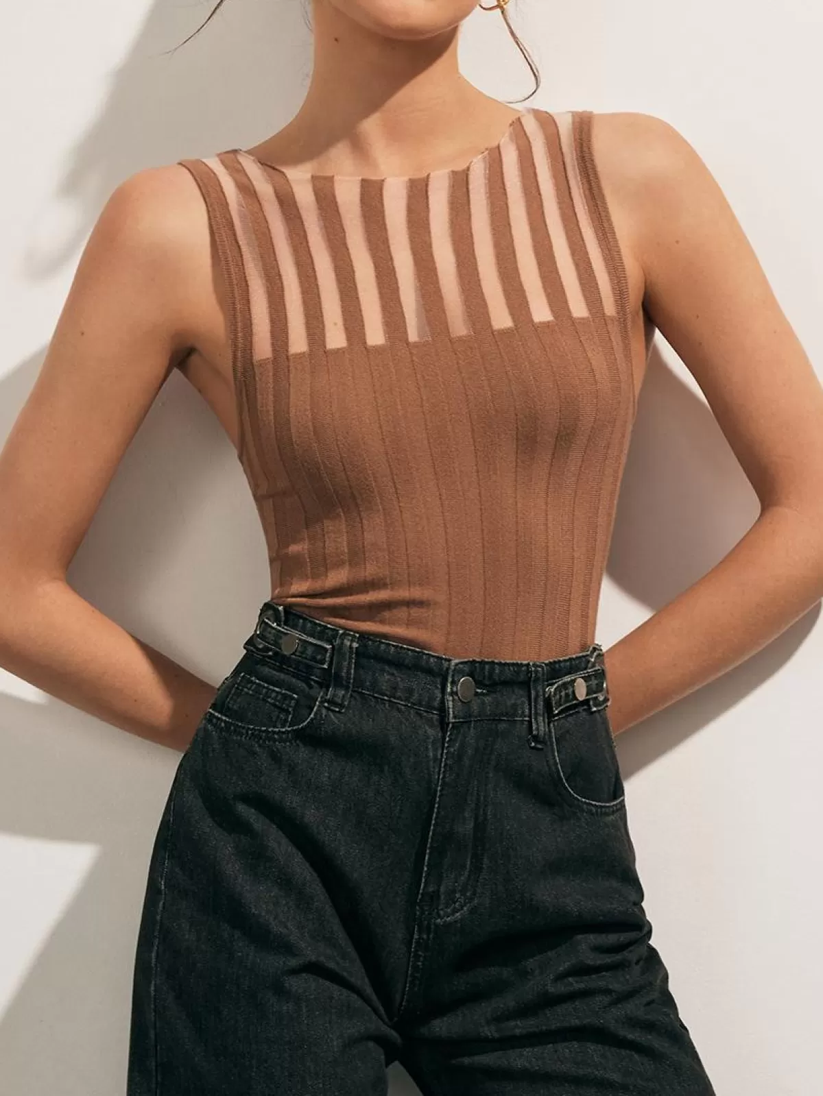 COMMENSE Sheer Ribbed Tank Top Brown Best Sale