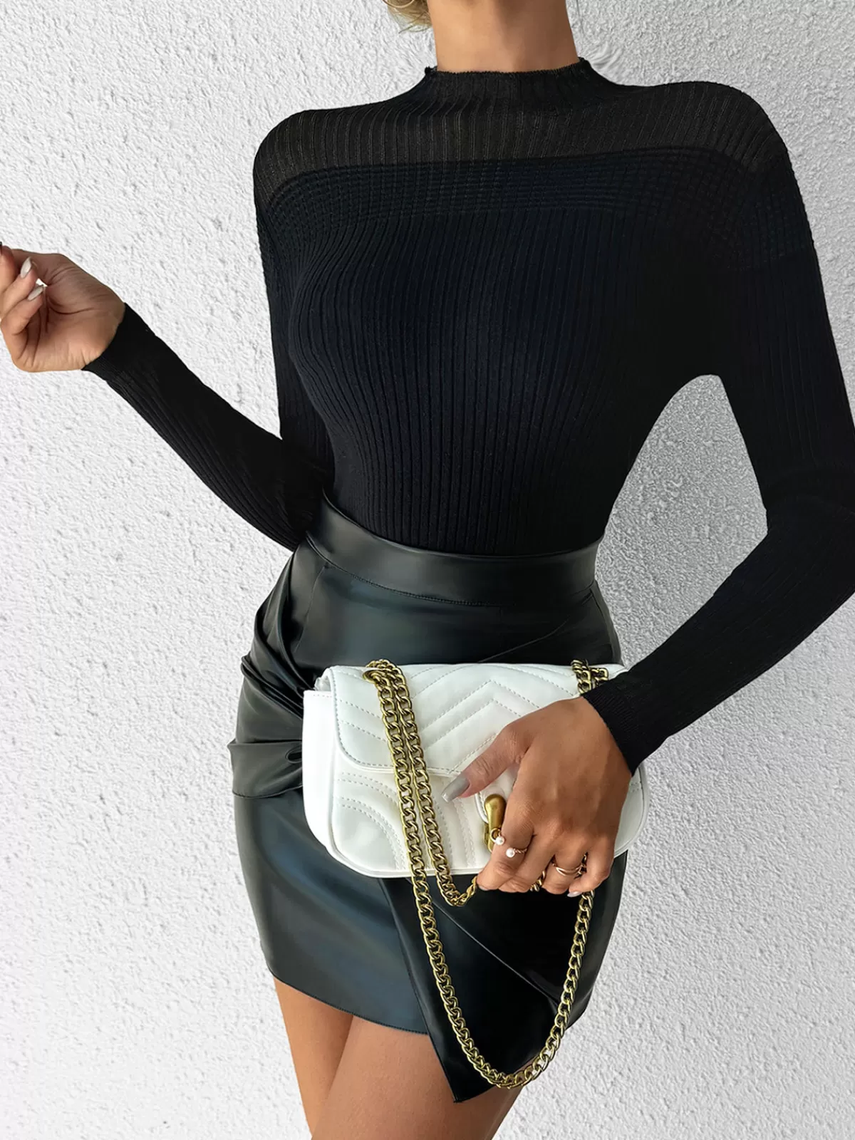 COMMENSE Sheer-Shoulder Slim Panel Knit Top Black Cheap