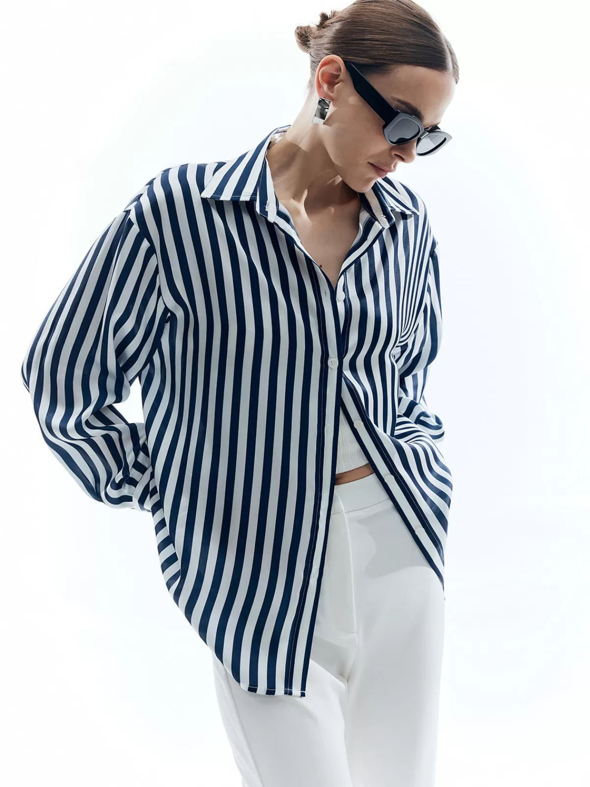 COMMENSE Shift Stripe Turndown Collar Shirt Bluewhite Cheap
