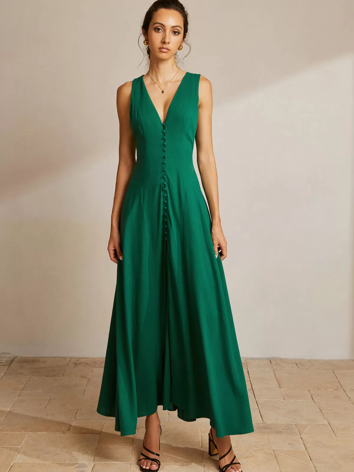 COMMENSE Sleeveless Button Front V-Neck Dress Green Shop