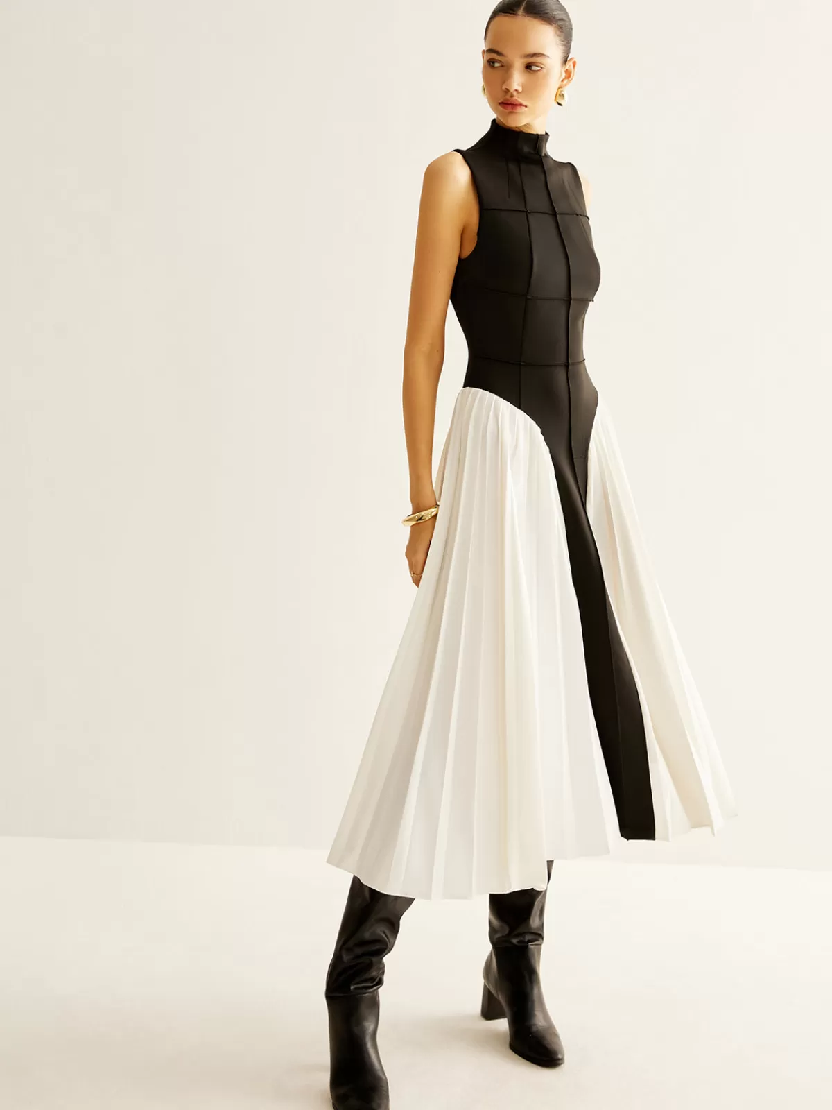 COMMENSE Sleeveless Color Block Pleated Dress Black Online