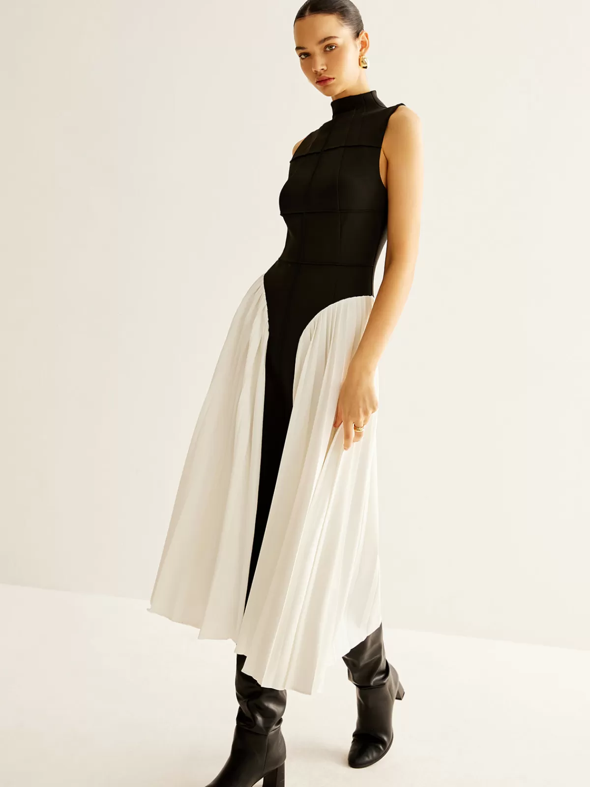 COMMENSE Sleeveless Color Block Pleated Dress Black Online