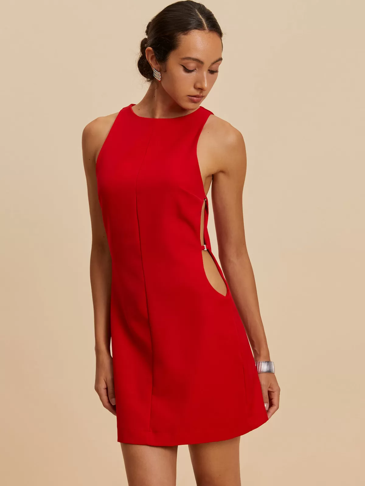 COMMENSE Sleeveless Cutout Crew Neck Dress Red Sale
