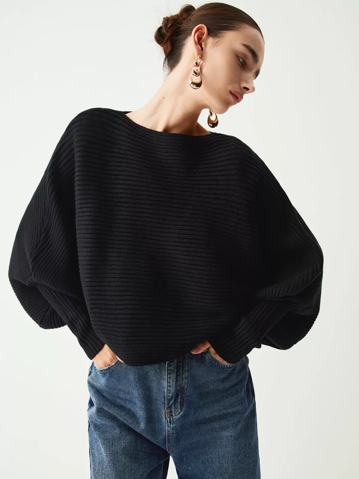 COMMENSE Slouchy Oversized Rib Crop Sweater Black Clearance