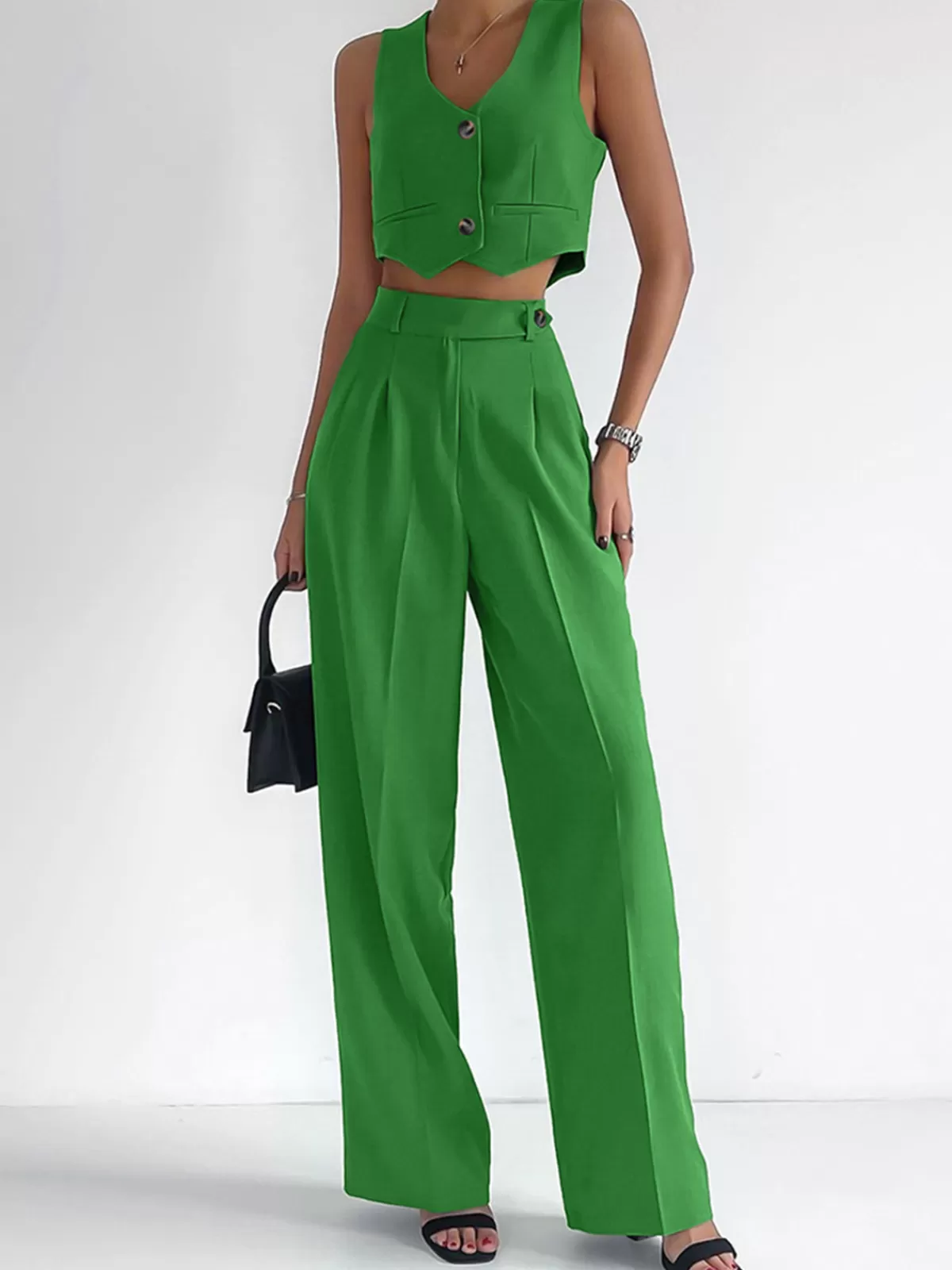 COMMENSE Solid Button Front Waistcoat With Pants Set Green Cheap