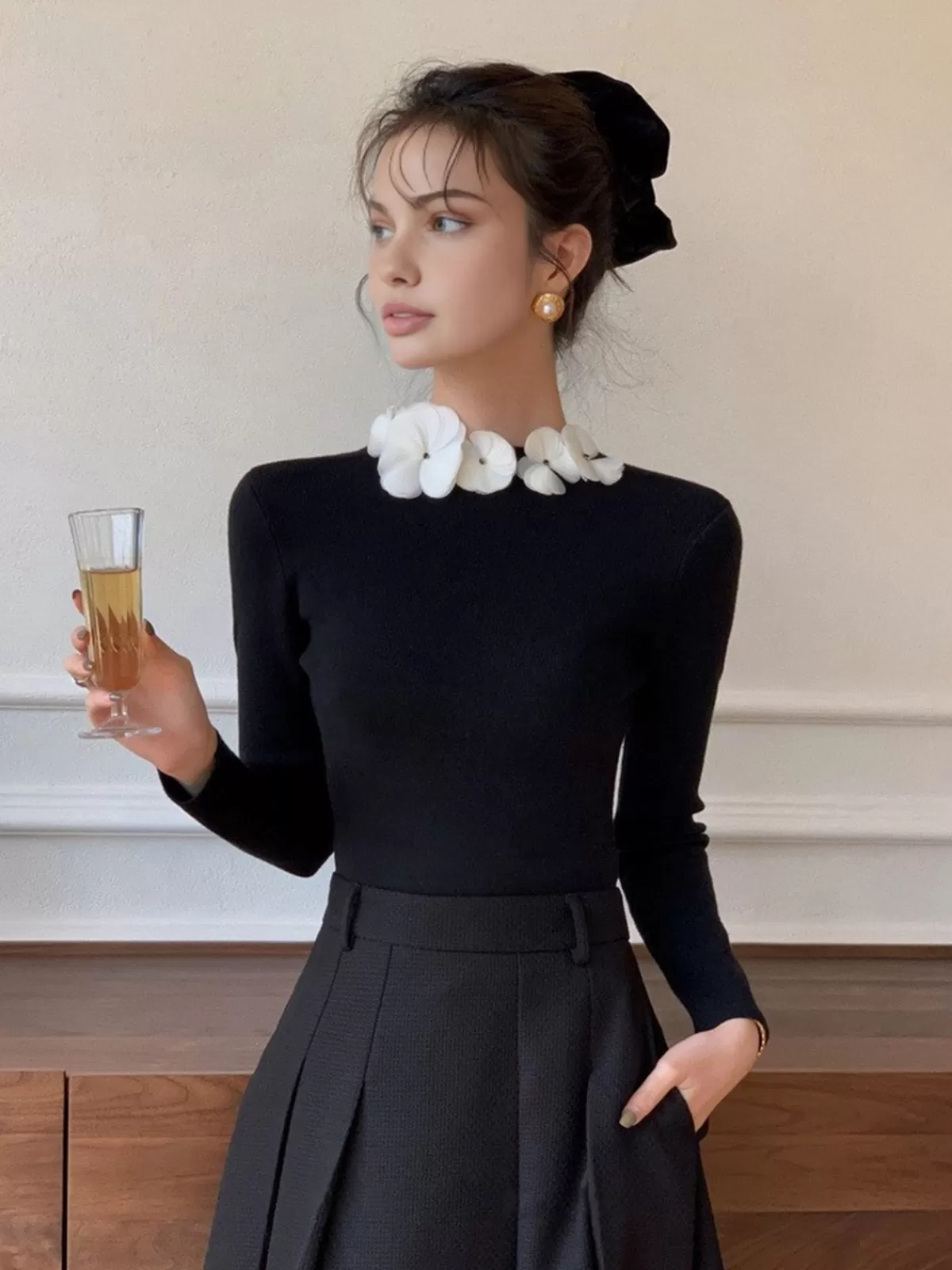 COMMENSE Solid Long Sleeve Floral Knit Top Black Hot