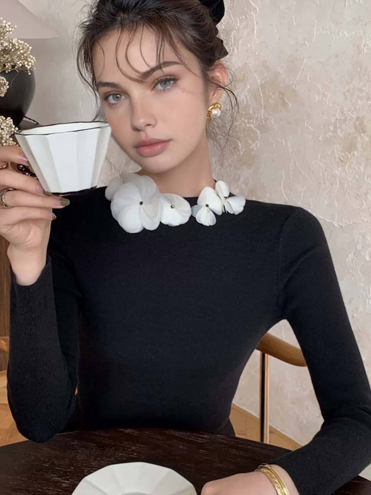 COMMENSE Solid Long Sleeve Floral Knit Top Black Hot