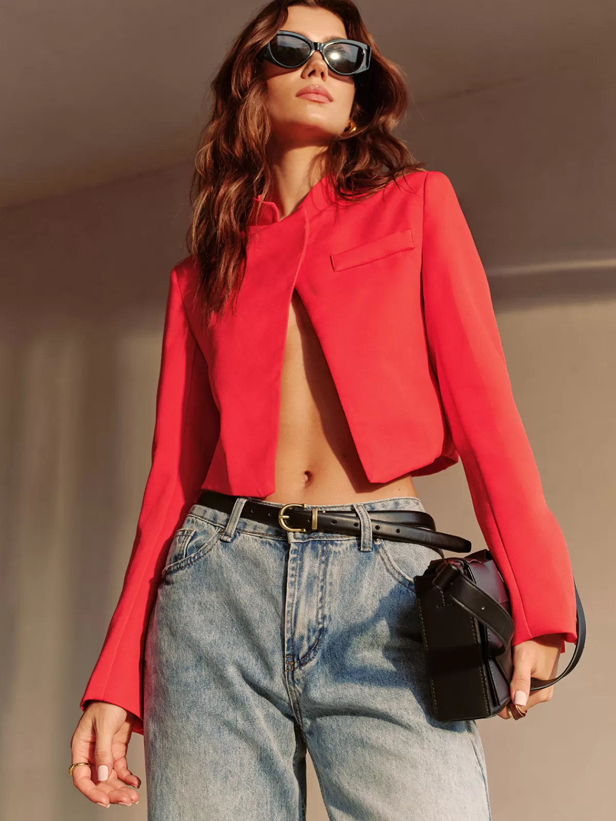 COMMENSE Split Crop Blazer Red Clearance