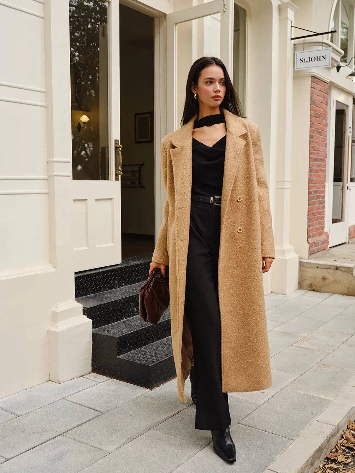 COMMENSE Split Pockets Tweed Coat Camel Fashion