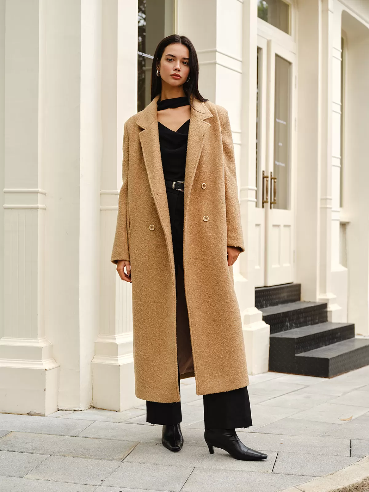 COMMENSE Split Pockets Tweed Coat Camel Fashion