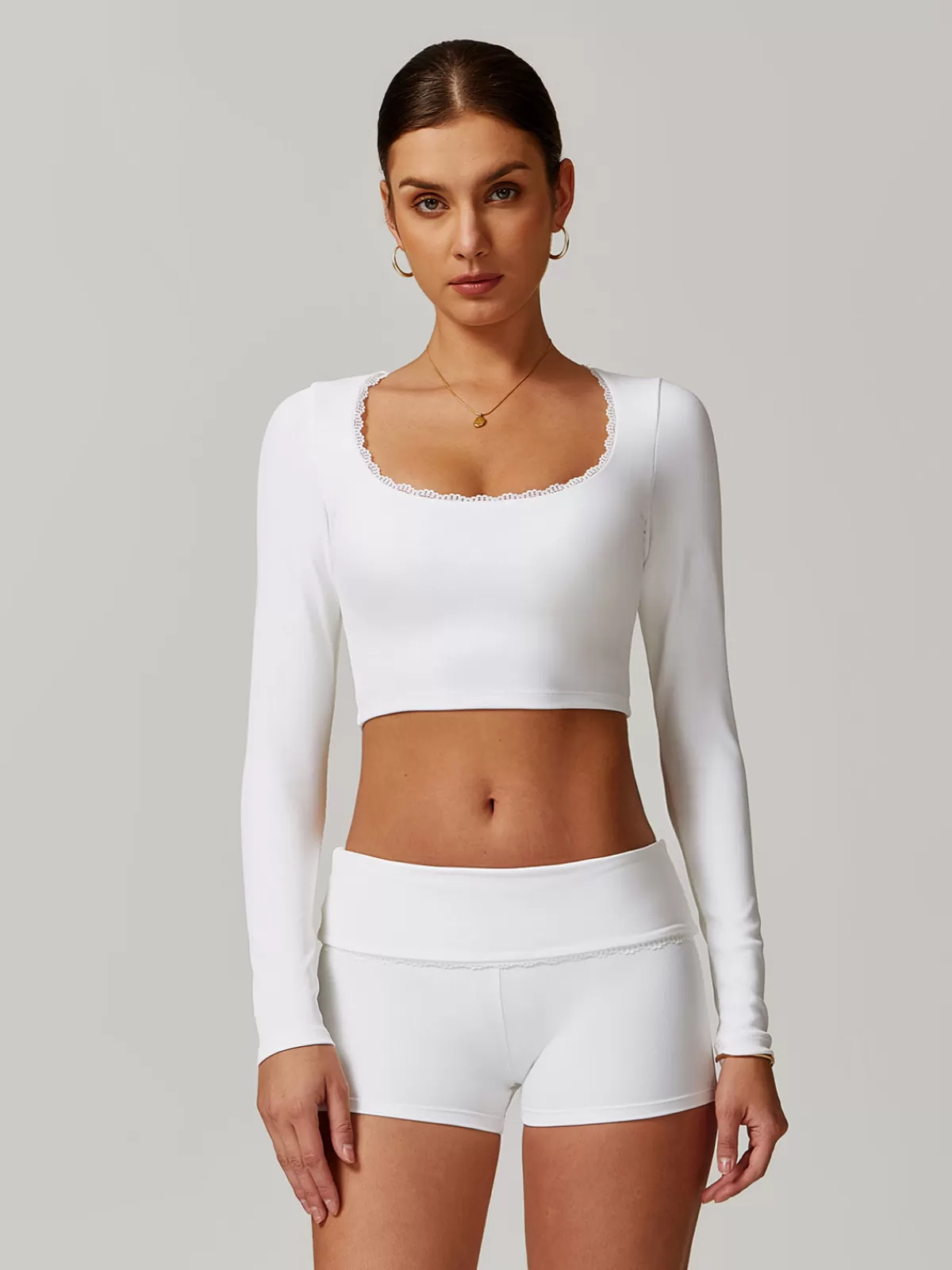 COMMENSE Square Collar Lettuce Trim Crop Active Top White Cheap