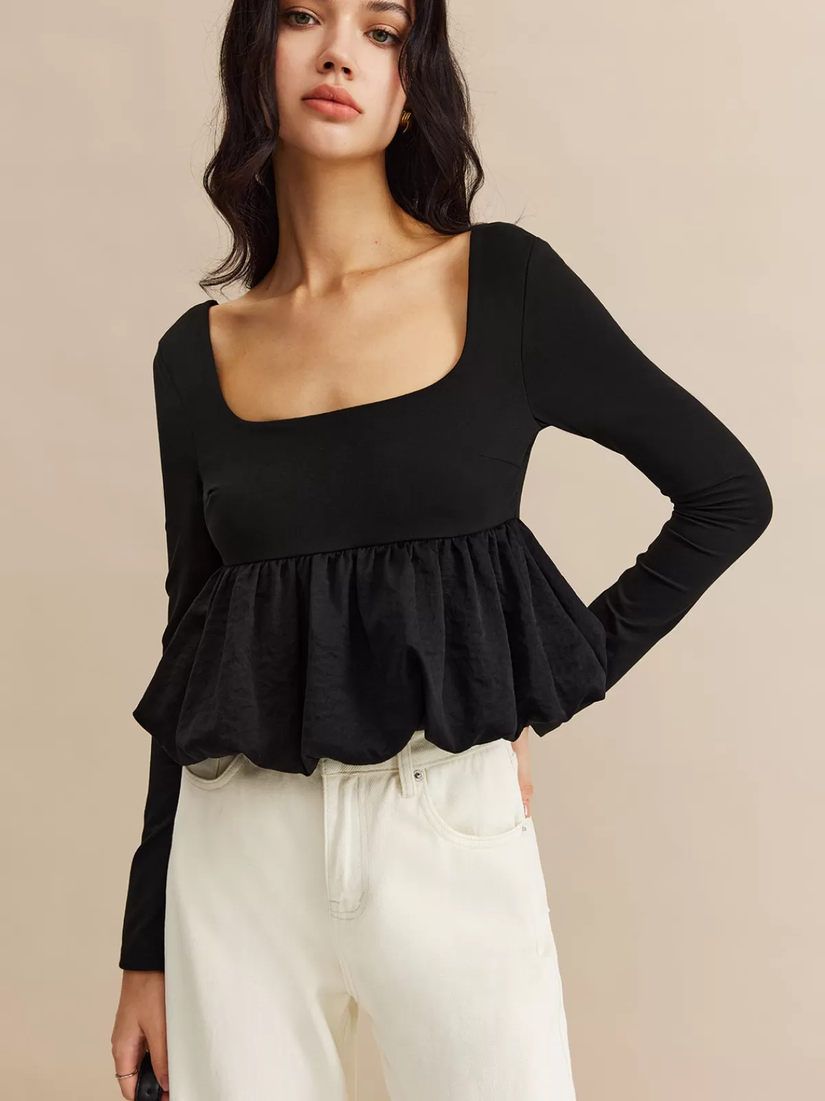 COMMENSE Square Neck Bud Waist Blouse Black Fashion