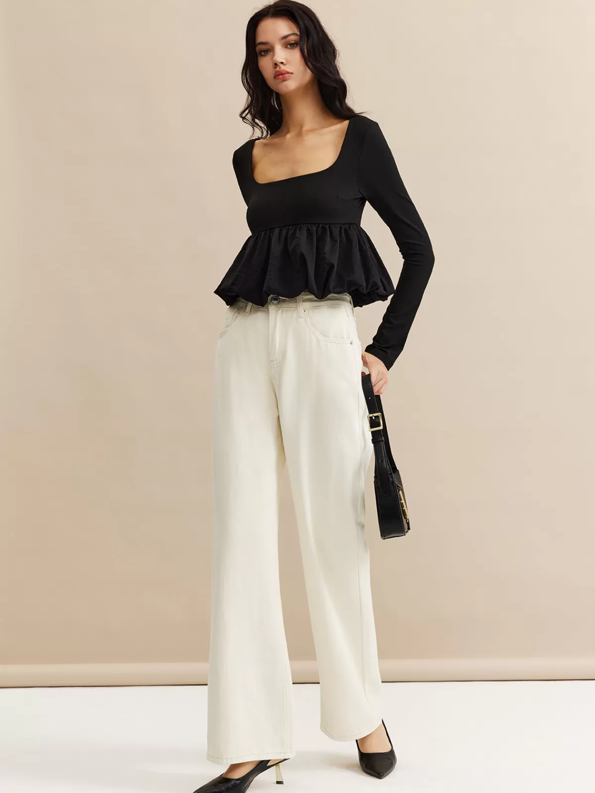 COMMENSE Square Neck Bud Waist Blouse Black Fashion