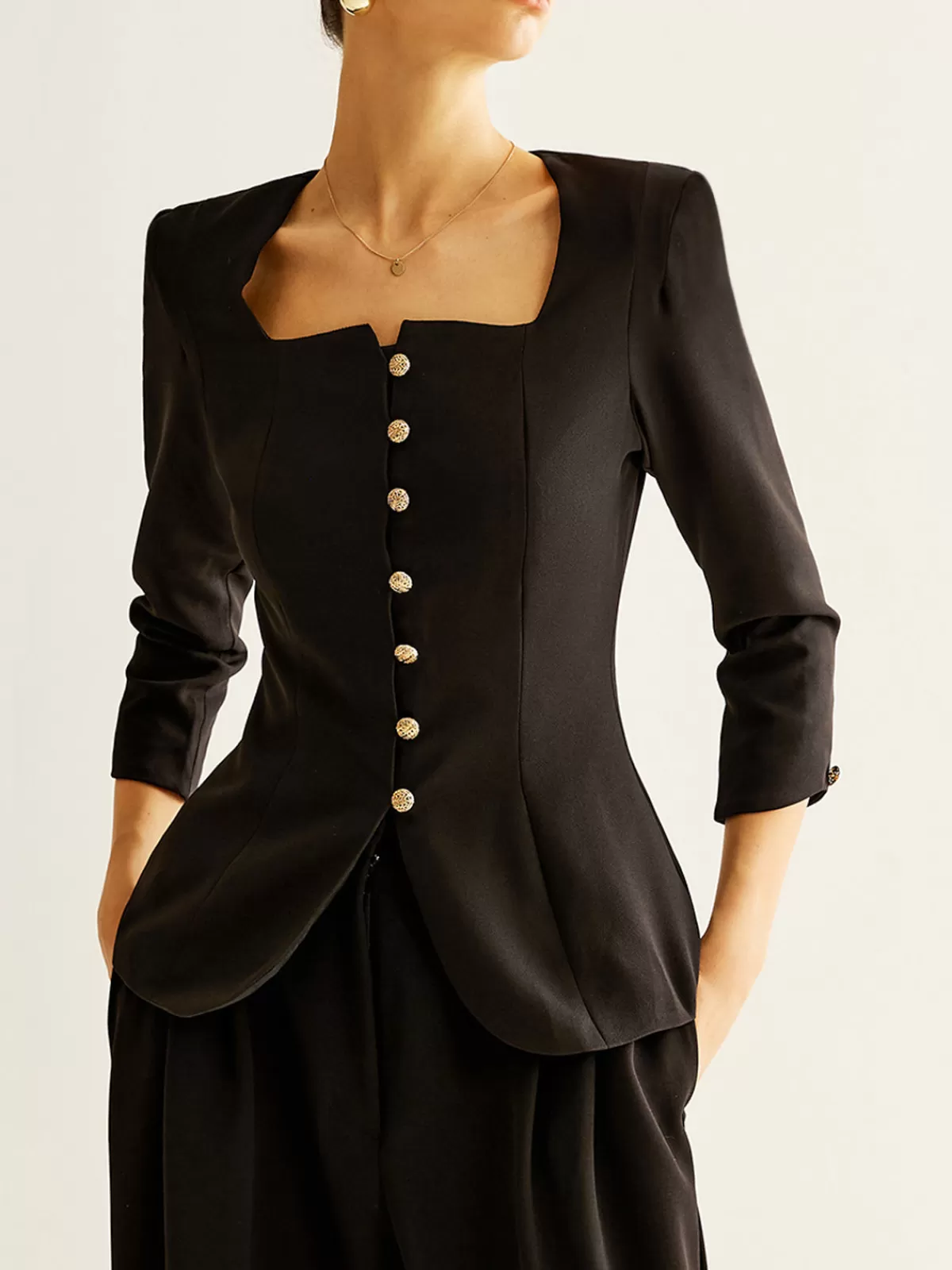 COMMENSE Square Neck Button Down Slit Blouse Black Flash Sale