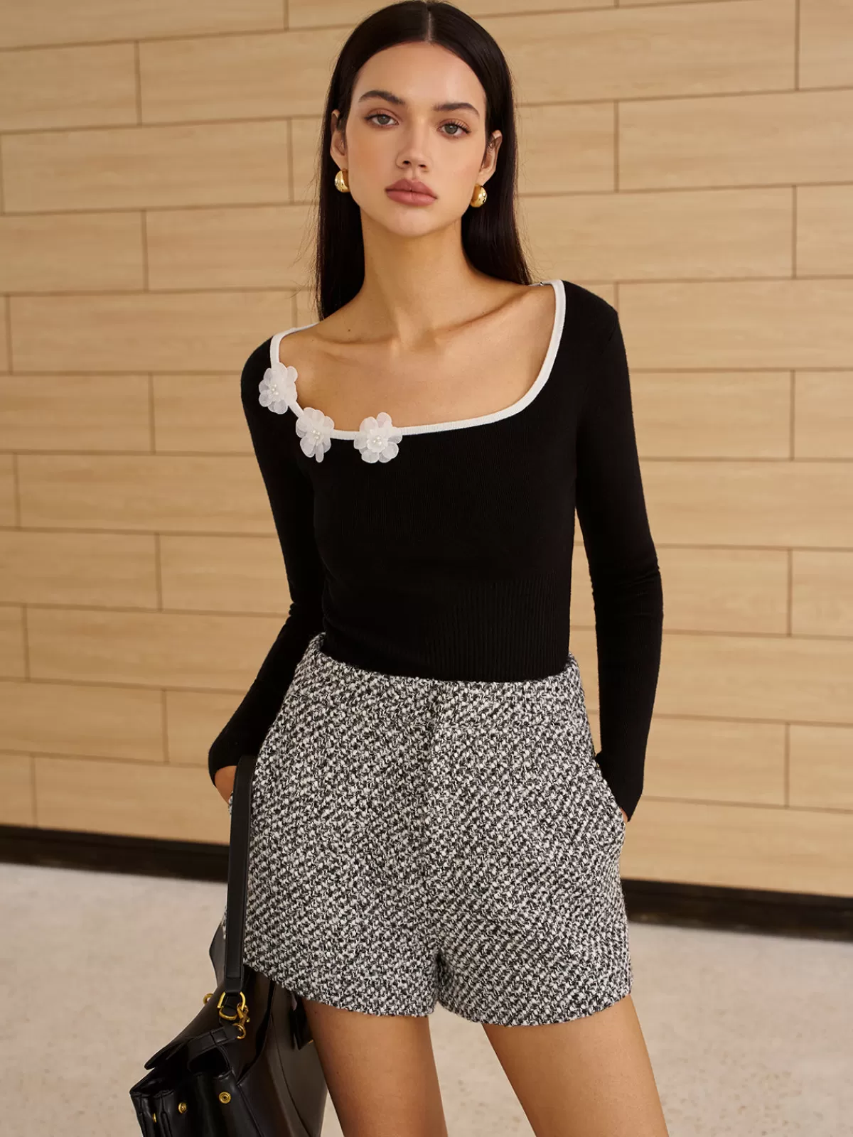 COMMENSE Square Neck 3D Flower Knit Top Black Cheap