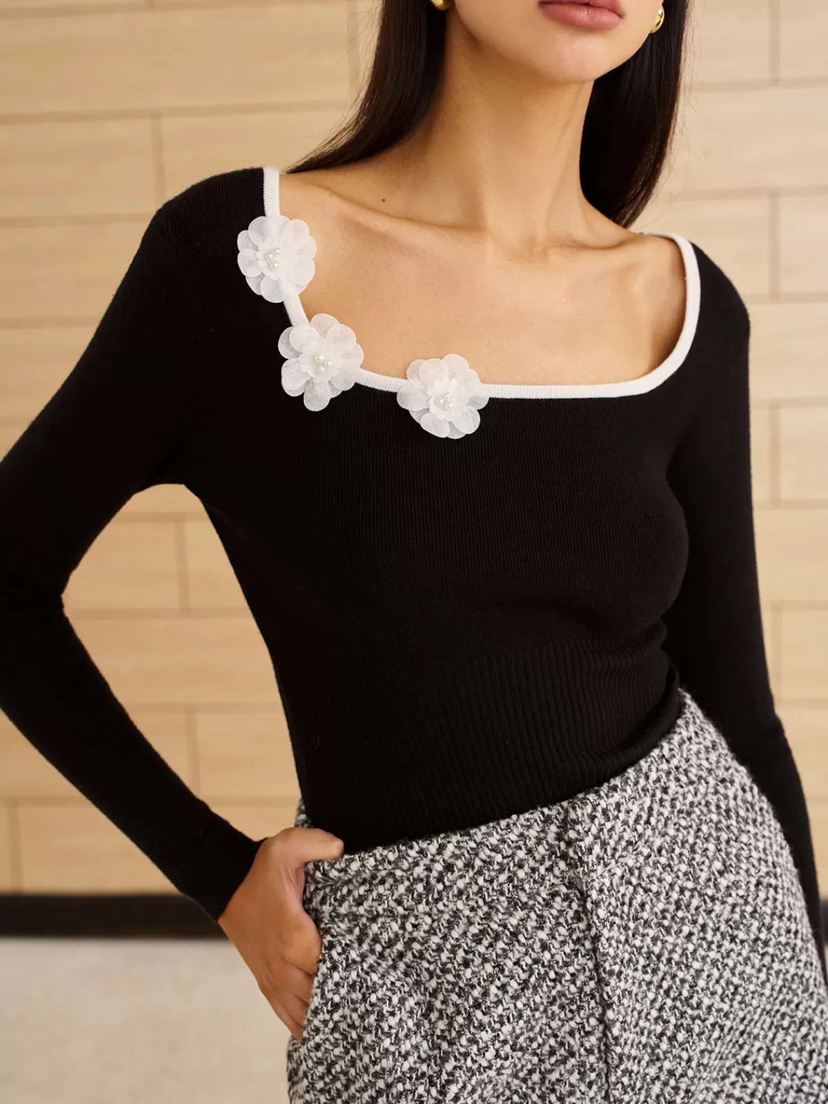 COMMENSE Square Neck 3D Flower Knit Top Black Cheap