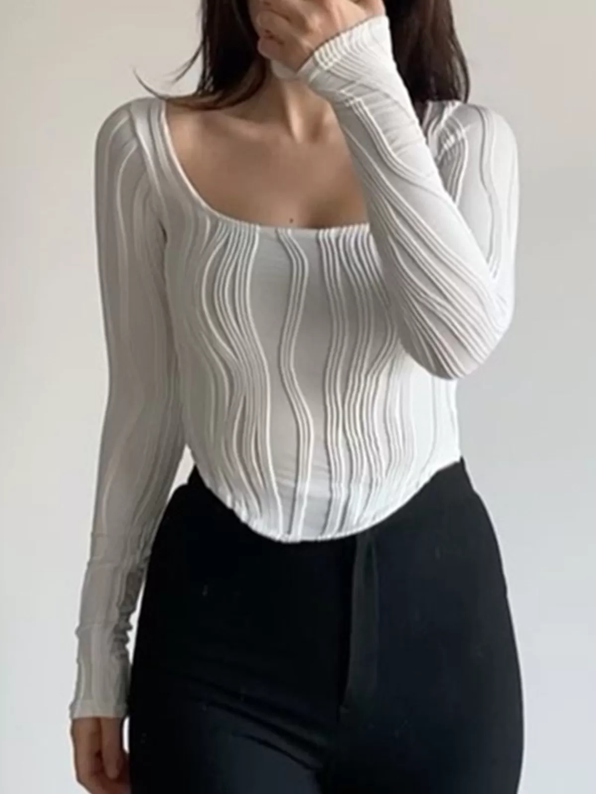 COMMENSE Square Neck Piping Crop T-Shirt White Cheap