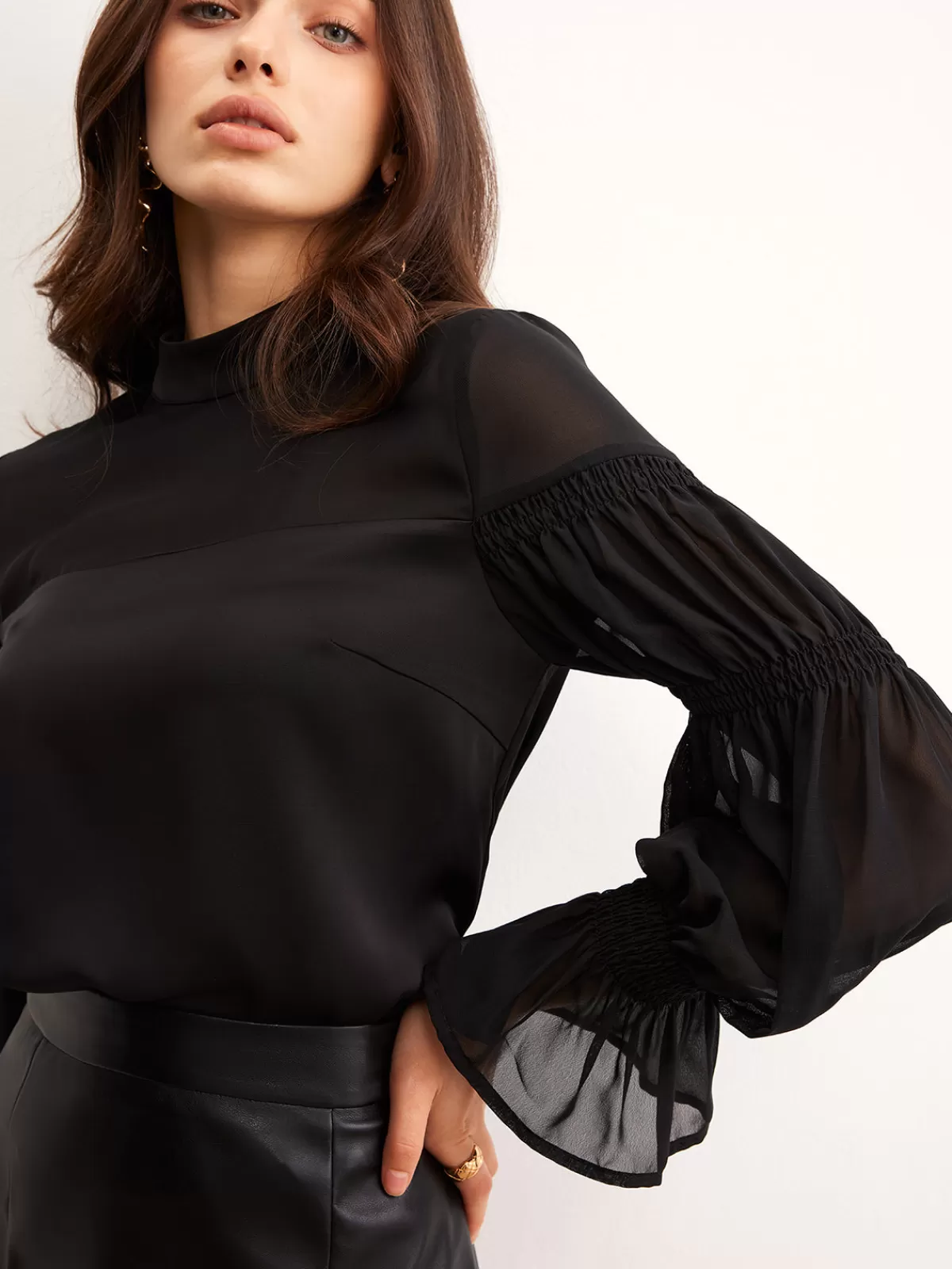 COMMENSE Stand Collar Chiffon Panel Blouse Black Sale