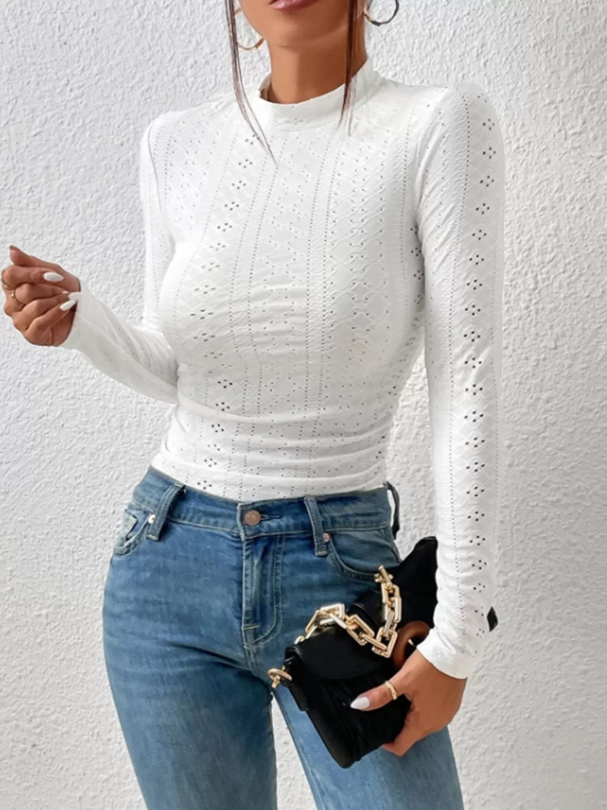 COMMENSE Stand Collar Side-Pleated Skinny Top White Discount