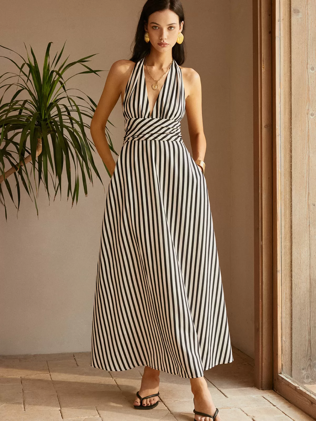 COMMENSE Stripe Backless Pockets Dress BlackandWhite Discount