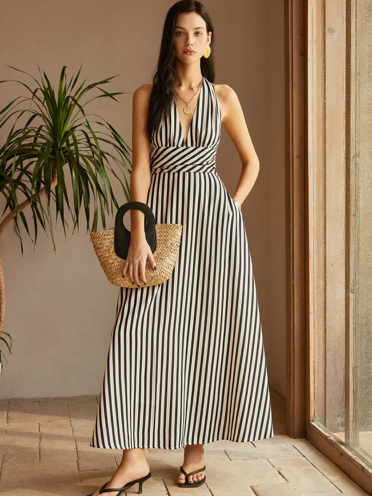 COMMENSE Stripe Backless Pockets Dress BlackandWhite Discount